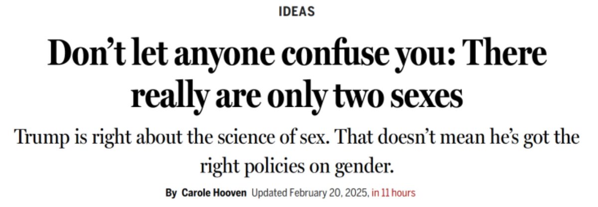 In an "ideas" piece in the Boston Globe, Carole Hooven explains why sex is binary, dispels some misconceptions about this kerfuffle, and clarifies other matters.

whyevolutionistrue.com/2025/02/20/fro…