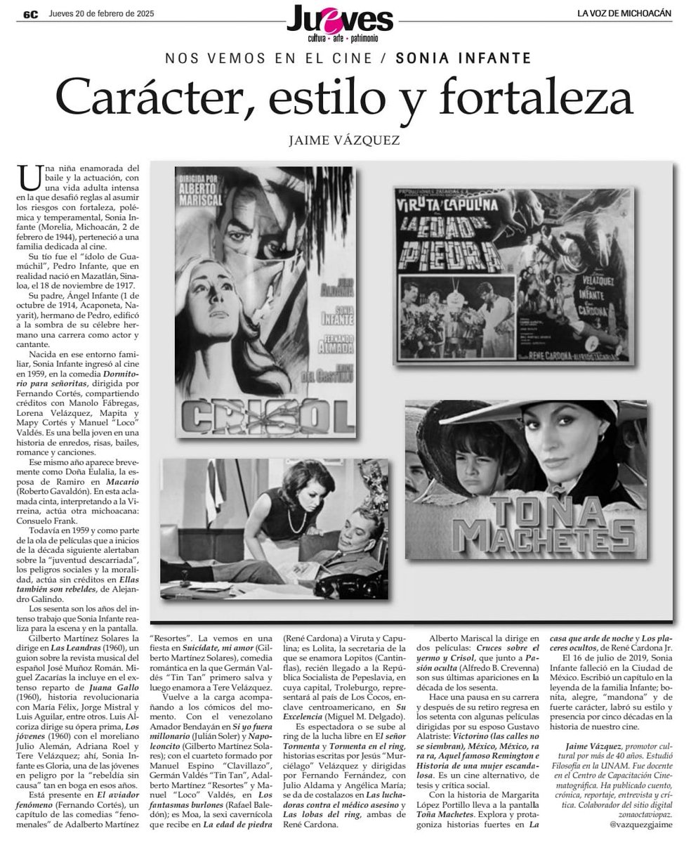 Doña Sonia Infante, páginas de nuestro cine. Una nota publicada en el suplemento cultural Jueves de <a href="/vozmichoacan/">La Voz de Michoacán</a>