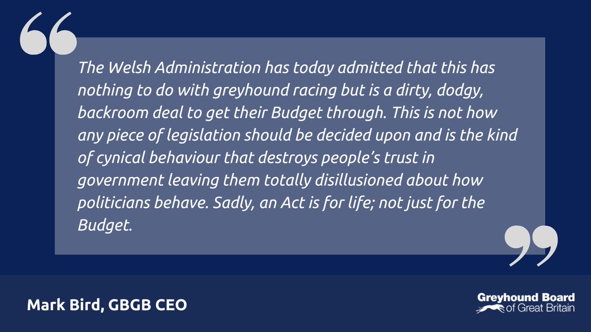 GBGB (@greyhoundboard) on Twitter photo Today’s #WelshBudget announcement confirms that the deal between the <a href="/WelshLibDems/">Welsh Liberal Democrats</a> and <a href="/WelshGovernment/">Welsh Government</a> was struck under the condition that there is a move to ban greyhound racing in Wales
GBGB CEO Mark Bird responds ⤵
#greyhoundracing #WelshGovernment Today’s #WelshBudget announcement confirms that the deal between the <a href="/WelshLibDems/">Welsh Liberal Democrats</a> and <a href="/WelshGovernment/">Welsh Government</a> was struck under the condition that there is a move to ban greyhound racing in Wales
GBGB CEO Mark Bird responds ⤵
#greyhoundracing #WelshGovernment
