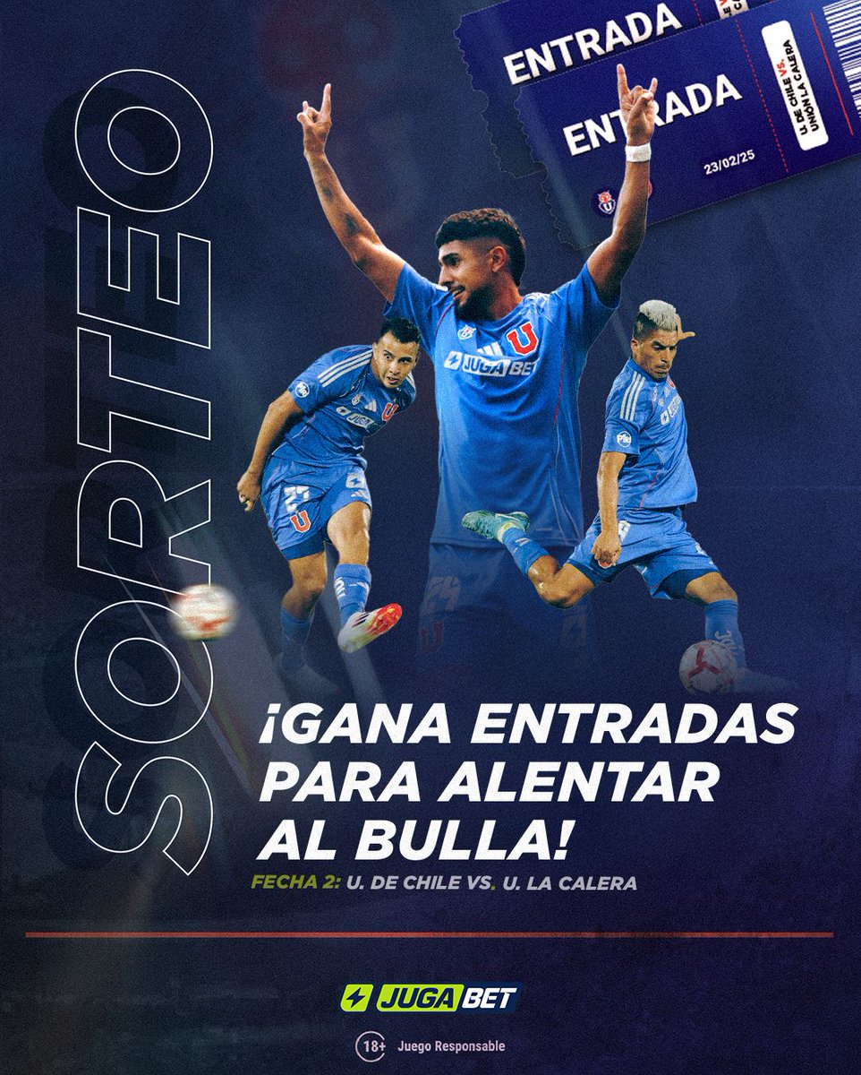 jugabet_cl's tweet photo. ¡Atención bullangueros de corazón 💙! ⚽ 🎉 

Participa por entradas dobles para la segunda fecha entre Universidad de Chile y Unión La Calera en el Estadio Nacional, este 23 de febrero. ¡No te puedes perder este partidazo! https://t.co/MOnhGWEQEu