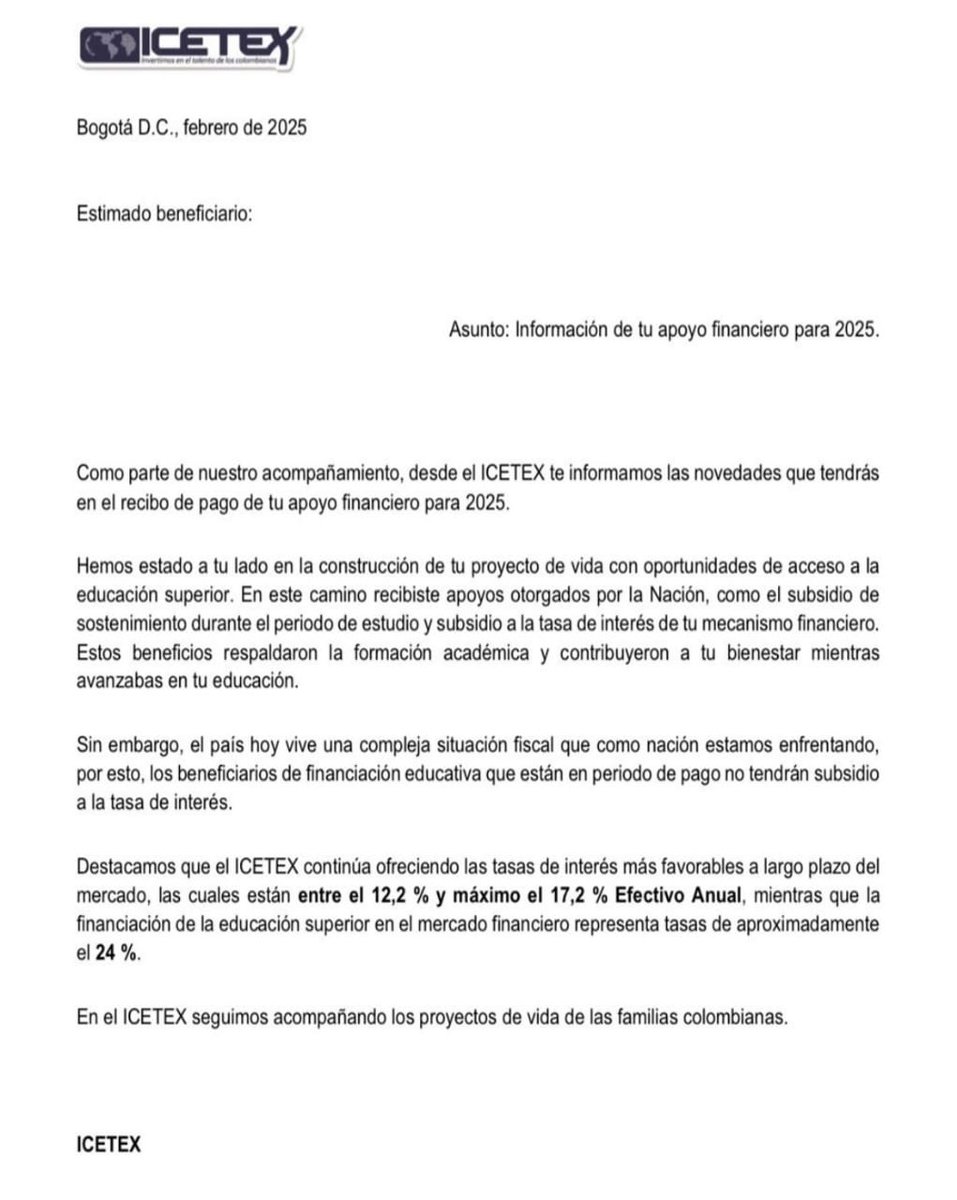 puntodevistardb's tweet photo. LAS TASAS DEL ICETEX

La lengua es el azote de culo me enseñó desde chiquito mi mamá.

Una cosa muy distinta fue lo que vendió Petro en campaña para la comunidad estudiantil universitaria para que se convirtieran en “potencia mundial de la Vida”.

Ahora a los estudiantes universitarios que tienen obligaciones mensuales por los prestamos del ICETEX les ha llegado una carta que dice:

“Destacamos que el ICETEX continúa ofreciendo las tasas de interés más favorables a largo plazo del mercado, las cuales están entre el 12,2% y máximo el 17,2% Efectivo Anual, mientras que la financiación de la educación superior en el mercado financiero representa tasas de aproximadamente el 24%”.

¿No pues que iba a condonar las deudas?

Síguenos en https://t.co/LUhQfYABQP y en nuestras redes sociales:

https://t.co/EKLE7B4Rro
https://t.co/8C2lpc2Jt2
https://t.co/r7bT5CKFSk
https://t.co/vUveNjmpBu
https://t.co/0CU6hHD4iF

#politica #Petro #presidentePetro #Colombia, #Medellín #paisdelavida #Senadodecolombia #alcaldiademedellin #gobernaciondeantioquia #concejodemedellin #GustavoPetro #andresjulianrendon #asambleadeantioquia #Medellín #ficogutierrez #puntodevistardb #antioquia #parati