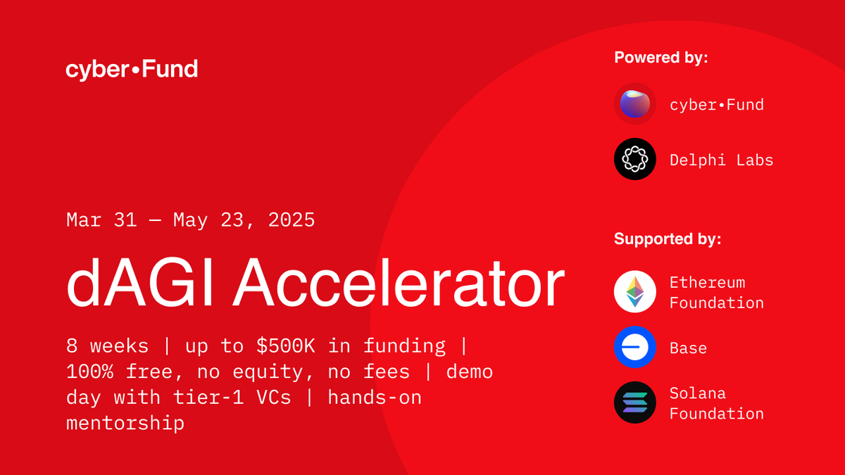 cyberfund's tweet photo. @cyberfund  and @delphi_labs announce startup accelerator focused on distributed AI, agents, and on-chain market mechanisms.

Supported by @ethereum, @base, and @solana dAGI Accelerator is going to be the largest program in AI x web3

Apply at https://t.co/Y3pgLvOOvb

🧵👇 https://t.co/XfYWbhgesS