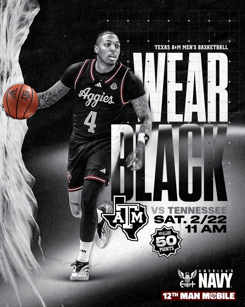 Texas A&M Basketball (@aggiembk) on Twitter photo On Saturday we wear ⚫
⚫ vs Tennessee | 11 a.m.
Be ready for the game ⬇️
🔗 Gameday.12thMan.com/Basketball
#GigEm | <a href="/AmericasNavy/">America's Navy</a> On Saturday we wear ⚫
⚫ vs Tennessee | 11 a.m.
Be ready for the game ⬇️
🔗 Gameday.12thMan.com/Basketball
#GigEm | <a href="/AmericasNavy/">America's Navy</a>
