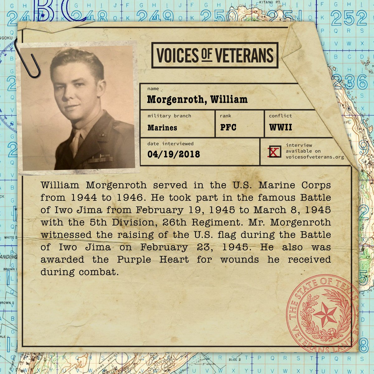 VLB Chairwoman Dawn Buckingham, M.D., is proud to introduce a special Battle of Iwo Jima installment of the series highlighting the <a href="/TexasVLB/">Texas VLB</a>'s Voices of Veterans Program. 

This week, we highlight the service of PFC William Morgenroth.

Listen here:
glo.texas.gov/about-glo/pres…