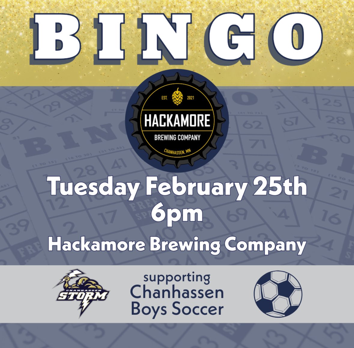 Hey soccer families! First fundraiser of the 2025 Season! Let’s gather and have fun next Tuesday? Bingo night at Hackamore Brewery benefits the Chanhassen Boys Soccer!
