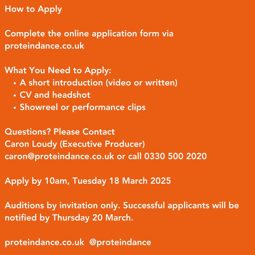 📣 Call Out for Dancers

Protein is looking for dancers to join their exciting new dance-theatre and music production for children and their grown-ups, co-commissioned by <a href="/dance_east/">DanceEast</a> and @ThePlaceLondon 

Who We’re Looking For
For this new family show, we welcome charismatic,