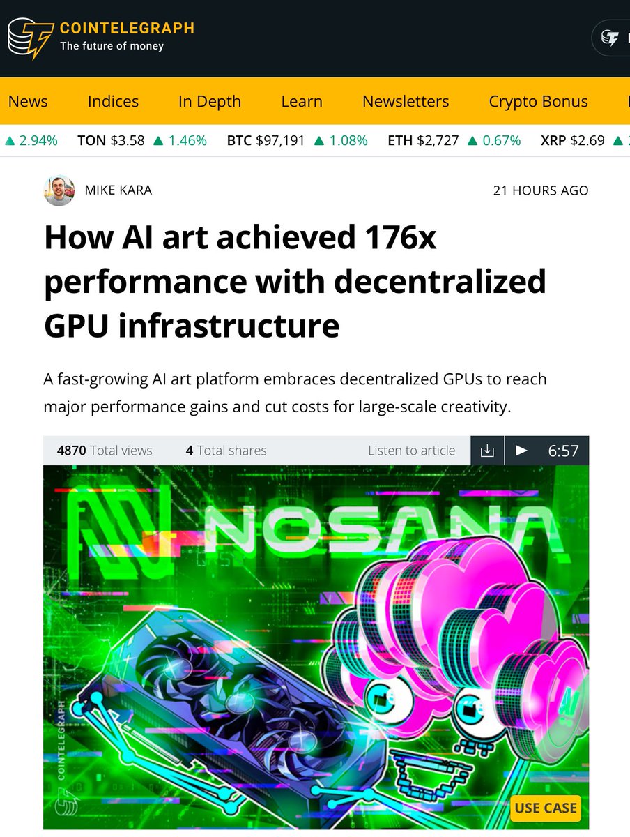 AI inference powered by decentralized GPUs is changing the game.”  @nosana_ai was featured in @Cointelegraph, highlighting how decentralized  GPU networks can boost AI performance by 176x while reducing costs and  reliance on