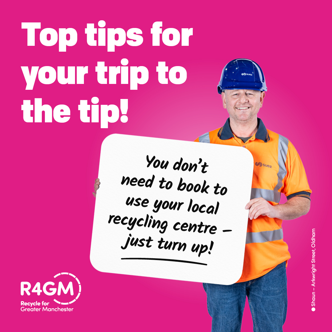 Your local recycling centre on Sandfold Lane is open 8am-6pm, 7 days a week with no need to book, giving you plenty of time to recycle right.

For more tips for your trip to the tip, visit: recycleforgreatermanchester.com/top-tips