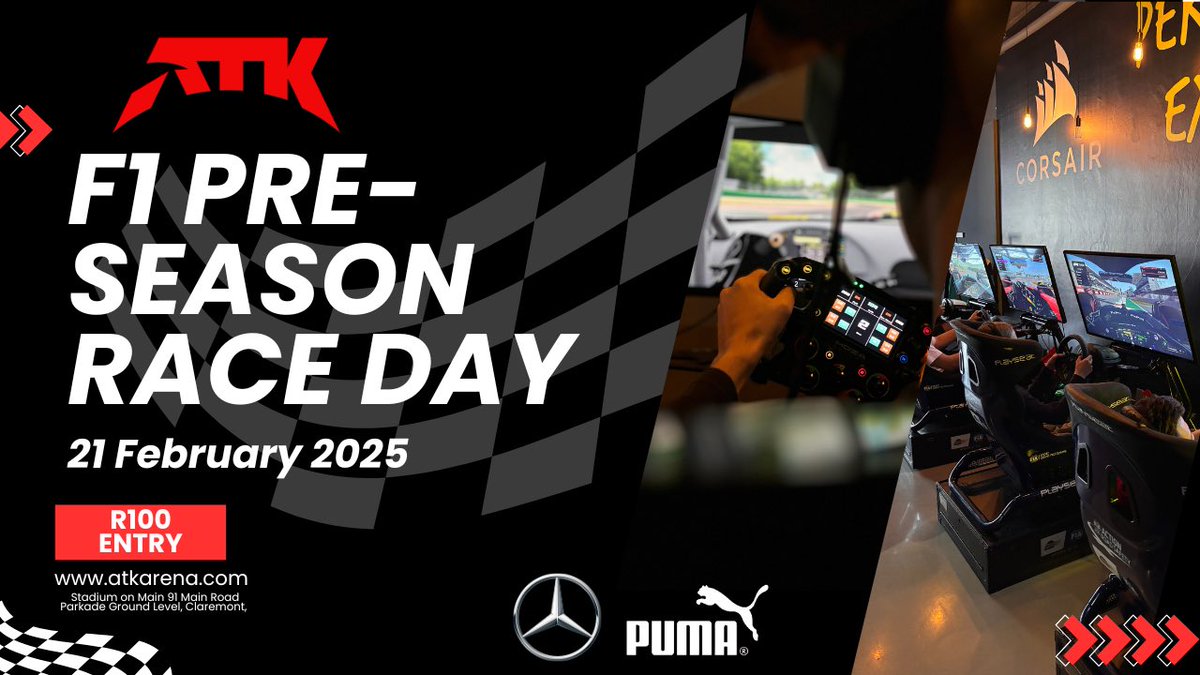 ATK (@atkarena) on Twitter photo 🏁 F1 Pre-Season Race – Tomorrow Night! 🏁
Think you’re ready for the new season? Let’s find out. 🏎️💨
📅 21 February | 6:30 PM - 9:00 PM
💰 R100 entry
No team orders, no radio complaints—just pure racing. See you on track🔥
#PlaySeriously #ATKArena #F1 #mercedesbenzsa 🏁 F1 Pre-Season Race – Tomorrow Night! 🏁
Think you’re ready for the new season? Let’s find out. 🏎️💨
📅 21 February | 6:30 PM - 9:00 PM
💰 R100 entry
No team orders, no radio complaints—just pure racing. See you on track🔥
#PlaySeriously #ATKArena #F1 #mercedesbenzsa