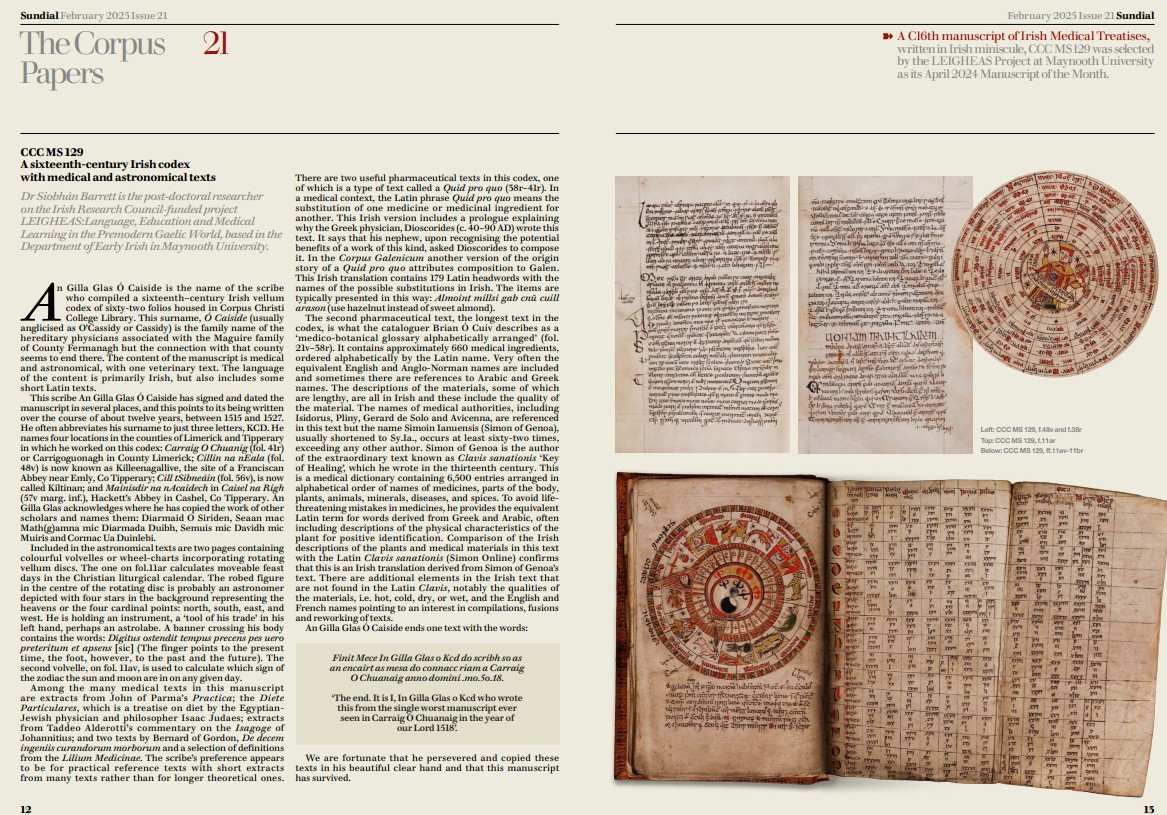 A piece I wrote about Corpus Christi College Oxford MS 129 for Feb 2025's 'Sundial'. ccc.ox.ac.uk/alumni/sundial… This 16th century Irish Medical Manuscript was written by An Gilla Glas Ó Caiside. See also  leigheas.maynoothuniversity.ie/leigheas-manus…