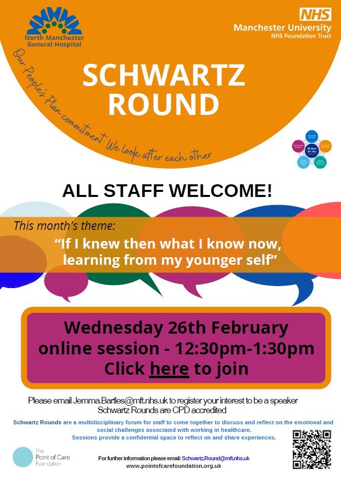North Manchester General Hospital (@northmcrgh_nhs) on Twitter photo 📢Colleagues at NMGH: Only 5 more days to go, Wednesday 26th February at 12.30pm. Join us for a Schwartz Round session online via MS Teams, and spend time out reflecting on the speakers’ stories. See weekly site update for link to join. #allstaffwelcome #teamNMGH <a href="/PointofCareFdn/">The Point of Care Foundation</a> 📢Colleagues at NMGH: Only 5 more days to go, Wednesday 26th February at 12.30pm. Join us for a Schwartz Round session online via MS Teams, and spend time out reflecting on the speakers’ stories. See weekly site update for link to join. #allstaffwelcome #teamNMGH <a href="/PointofCareFdn/">The Point of Care Foundation</a>