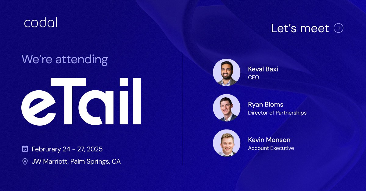 Codal is heading to eTail West next week in Palm Springs from February 24th –26th! Our very own Keval Baxi, Ryan Bloms, and Kevin Monson will be there, ready to connect and dive into how Codal can transform your digital eCommerce strategy. 

Let’s grab coffee, drinks, or a casual
