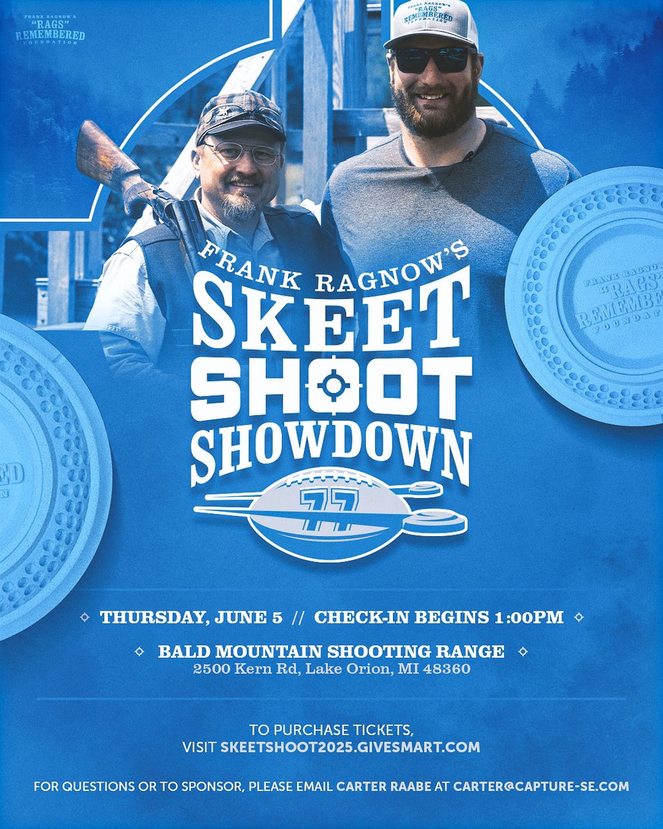 We are excited to announce the 3rd Annual Skeet Shoot Showdown on June 5 at Bald Mountain Shooting Range! Join <a href="/KNARFWONGAR/">Frank Ragnow</a> &amp; his <a href="/Lions/">Detroit Lions</a> teammates in a 14-station clay shooting tournament, followed by awards and dinner! 

Tickets on sale NOW at skeetshoot2025.givesmart.com.