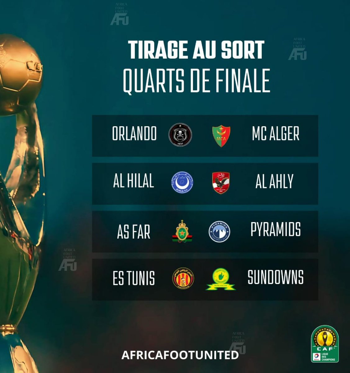 africafootutd's tweet image. #LDCCAF : Les affiches des quarts de finale ⚽🔥🔥
Al Ahly 🇪🇬 🆚 Al Hilal 🇸🇸
Pyramids🇪🇬 🆚 AS FAR 🇲🇦
Mamelodi Sundowns 🇿🇦 🆚 ES Tunis 🇹🇳
MC Alger 🇩🇿 🆚 Orlando Pirates 🇿🇦