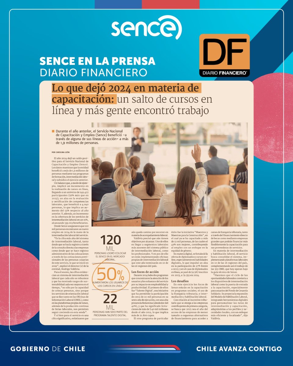 📢 Más capacitación, más empleo 💼📚

En 2024, Sence alcanzó un impacto histórico: más de 1,9 millones de personas beneficiadas a través de capacitación, intermediación laboral y subsidios. 💪✨️

Seguimos trabajando para hacer de la capacitación un motor de empleabilidad real.