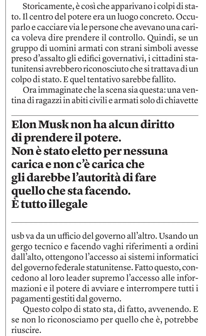 Sidi_Bou's tweet image. "A Washington è in corso un colpo di stato"
🗞Timothy #Snyder, #Substack
#Internazionale n.1601

#Musk #Trump #democrazia #colpodistato #diritti #privacy