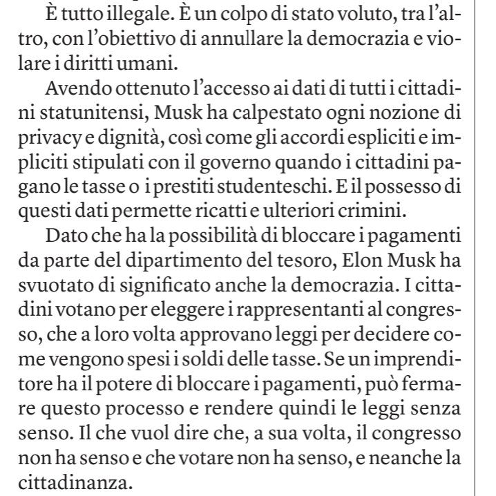 Sidi_Bou's tweet image. "A Washington è in corso un colpo di stato"
🗞Timothy #Snyder, #Substack
#Internazionale n.1601

#Musk #Trump #democrazia #colpodistato #diritti #privacy
