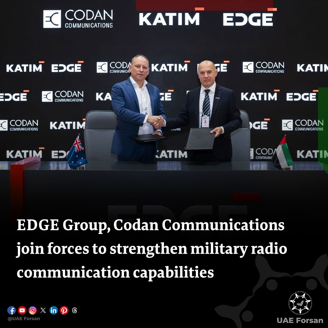UAE_Forsan's tweet photo. #EDGE entity #KATIM, a leader in the development of innovative and ultra-secure communications and data protection solutions, today signed a memorandum of understanding (MoU) with Codan Communications, an Australian leader in High Frequency (HF) communications technology 

#IDEX #NAVDEX #UAE #NAVDEX2025 #IDEX2025 
@_edgegroup  
@CodanComms 
@IDEX_UAE