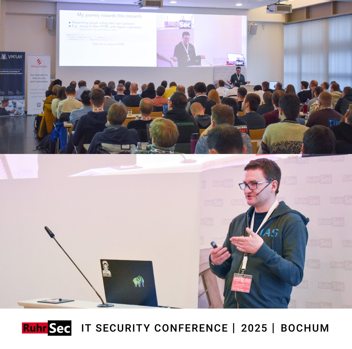ruhrsec's tweet image. The amazing last talk for today:
&quot;Parse Me, Baby, One More Time: Bypassing HTML Sanitizer via Parsing Differentials.&quot; by @ncd_leen.

🌐 #RuhrSec Website
ruhrsec.de/2025/

📖 RuhrSec Program
ruhrsec.de/2025/index.htm…

#itsecurity #itsicherheit #cybersecurity