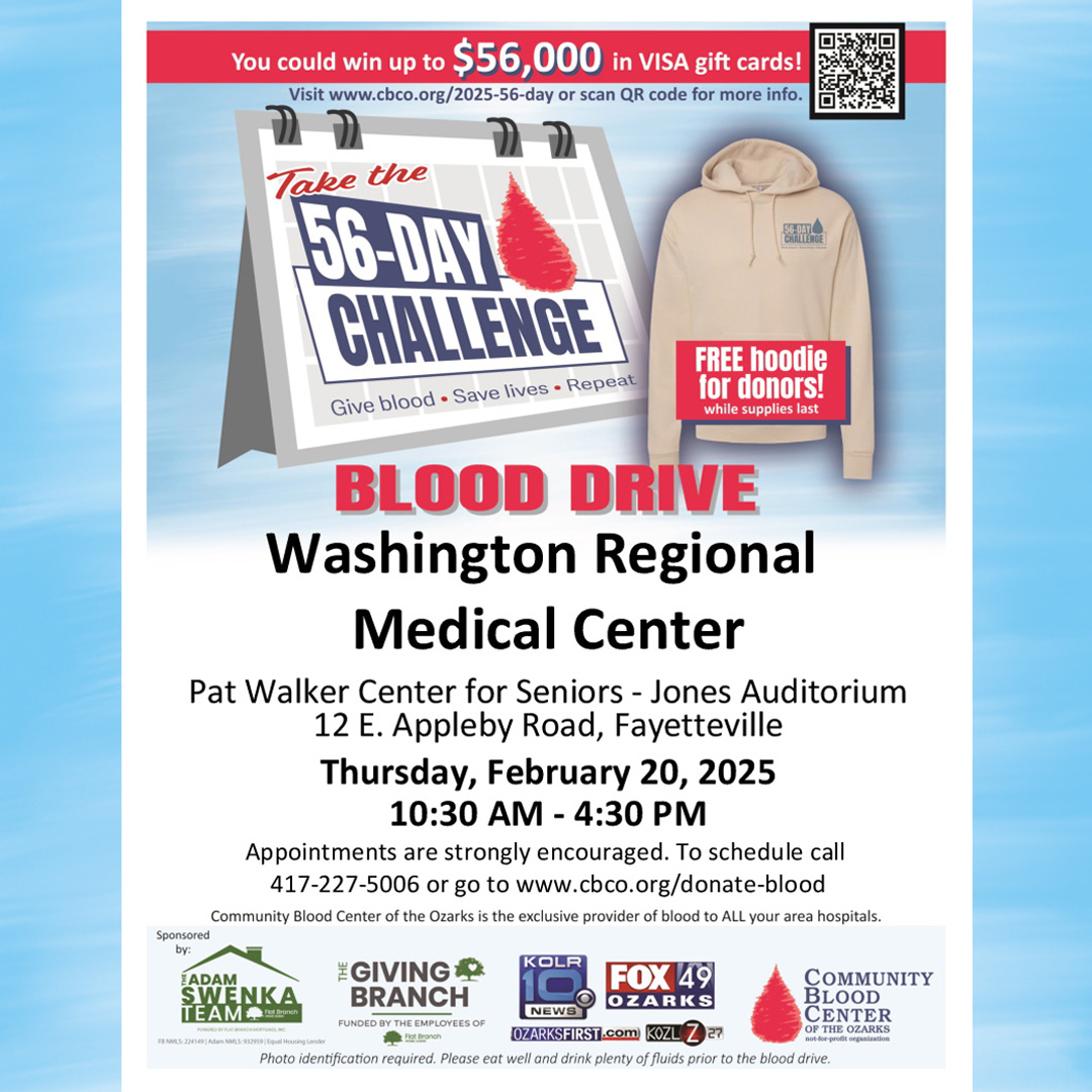 We’re hosting a blood drive TODAY until 4:30 PM in the Pat Walker Center for Seniors - Jones Auditorium, and there are still afternoon spots available to donate!

To schedule your donation appointment, visit bit.ly/46ySZ09 or call 417.227.5006.
