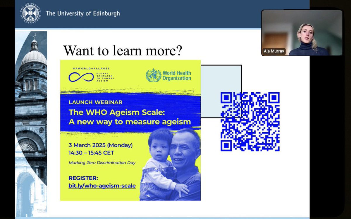3LCStudy_AUB's tweet photo. Dr. Murray: “Good measurement is essential to combatting ageism! Good measurement means:
- Reflects the multidimensional nature of ageism - That it impacts all age groups
That it affects countries all over the world” https://t.co/xZQ6rec5dK
