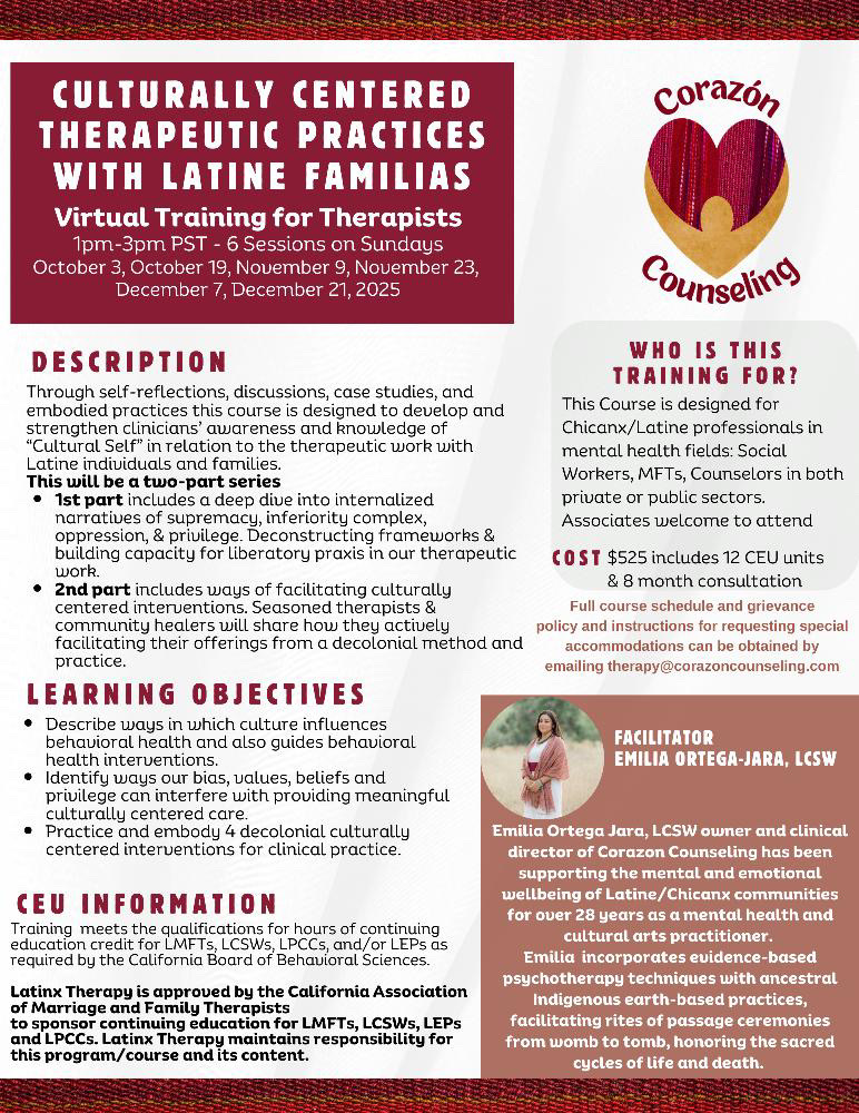 @corazoncounseling is facilitating this incredible workshop series for mental health professionals &amp; Latinx Therapy is co-sponsoring the CEUs, please contact Emilia for more info.