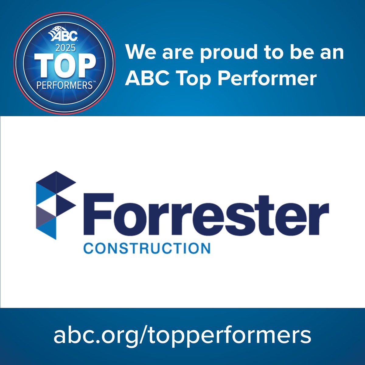 Forrester Construction Company is an ABC National 2025 Top Performer! We are proud for our achievements in safety, quality, merit and project excellence. #ABCMeritShopProud abc.org/topperformers