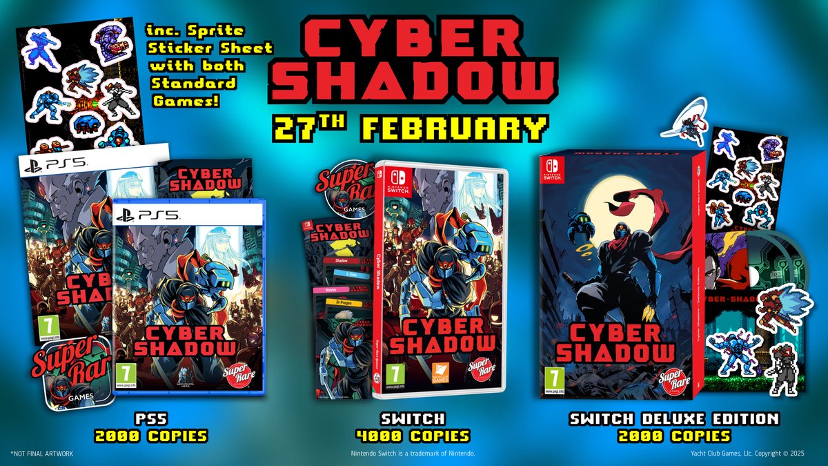 SuperRareGames's tweet image. Announcing: CYBER SHADOW! 🥷

Dash, slice, and leap your way through the depths of Mekacity in this Ninja Action platformer!

Coming to Switch (with a Deluxe Edition) &amp;amp; PS5 physical, on 27th Feb! ⚔️🧵