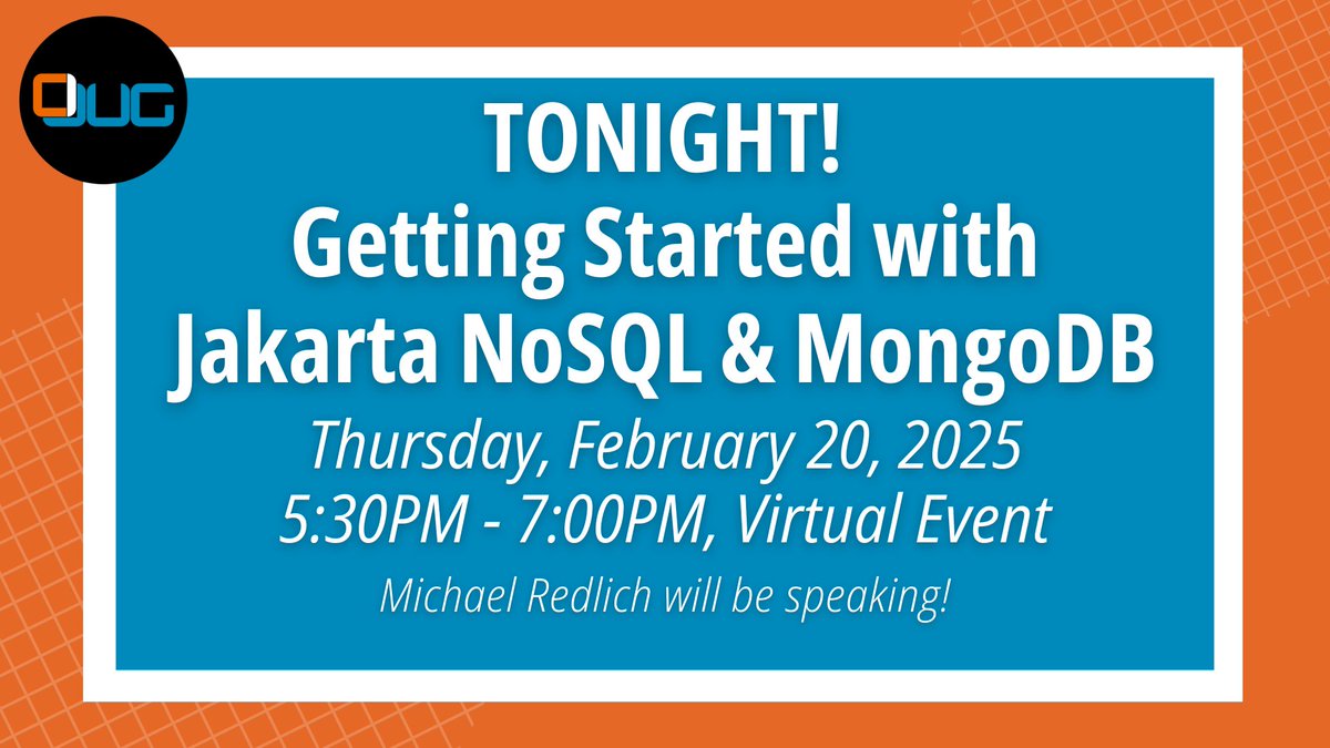 cijug's tweet photo. Don't Miss CIJUG’s February Meetup TONIGHT,  Thursday, February 20th, from 5:30-7:00 PM!
Michael Redlich will present "Getting Started with Jakarta NoSQL and MongoDB."

RSVP &amp; More Info: https://t.co/dlEK1Sr6KF

#JakartaNoSQL #MongoDB #JavaCommunity #NoSQL https://t.co/lPZdNi4ZJn