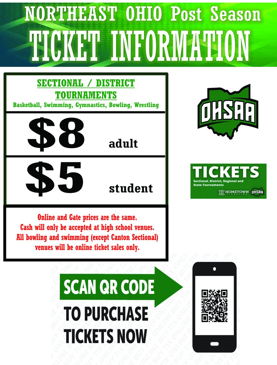 🏀 Northeast Ohio Postseason B-Ball Tournament 🏀
OHSAA🎟️ Ticket Info:

$8 Adults
$5 Students
Same price online &amp; at the gate!
ohsaa.org/tickets
Division III

🎫 Get your tickets now—scan the QR code or click the link! 📲🏆 #NEOhioHoops #TournamentTime