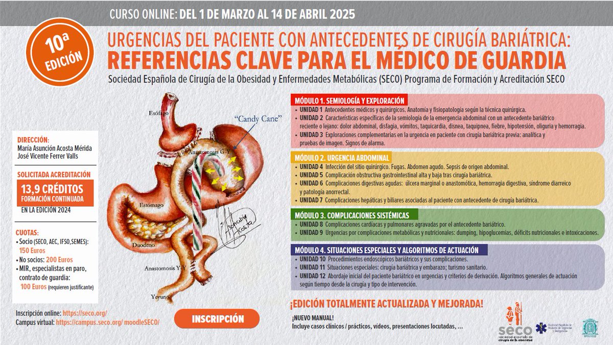 📢Presentamos la nueva edición de este curso online  de Fase I del programa de #FormaciónSECO 🧑🏻‍💻
🟠Se trata de la 10ª Edición "Urgencias del paciente con antecedentes de #CirugíaBariátrica: Referencias clave para el #médico de guardia"🥼
🔗¡Inscríbete!👉🏻intranet.pacifico-meetings.com/GescoWeb/?cfg=…