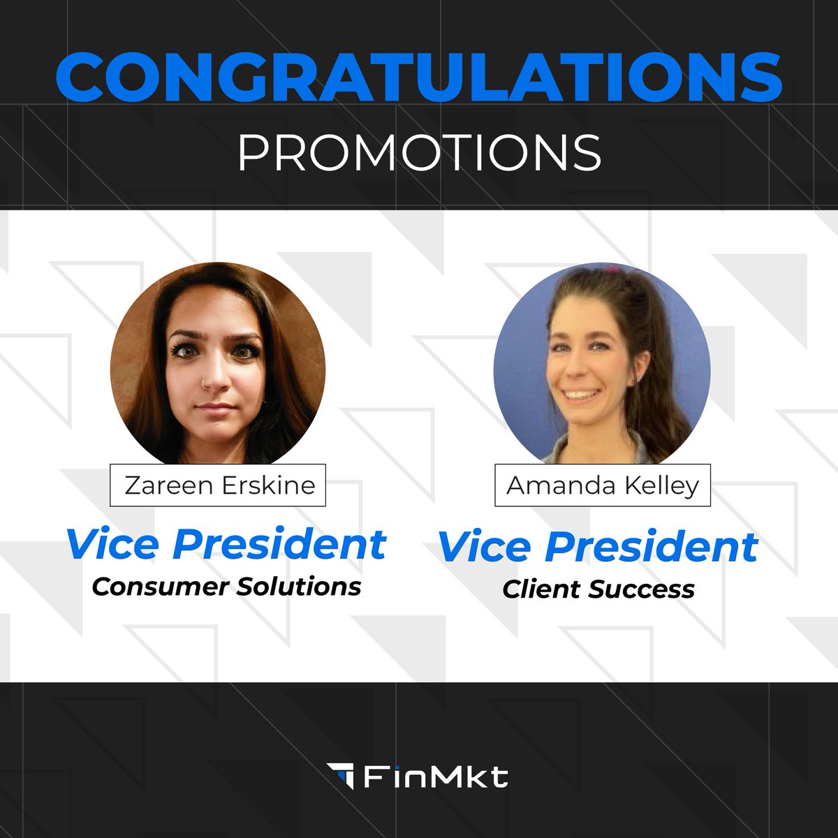 🎉 Celebrating Our New VPs! 🎉

We're thrilled to announce the promotions of two outstanding #FinFam members:

Zareen Erskine and Amanda Kelley have been a pivot part of FinMkt's customer and consumer success.