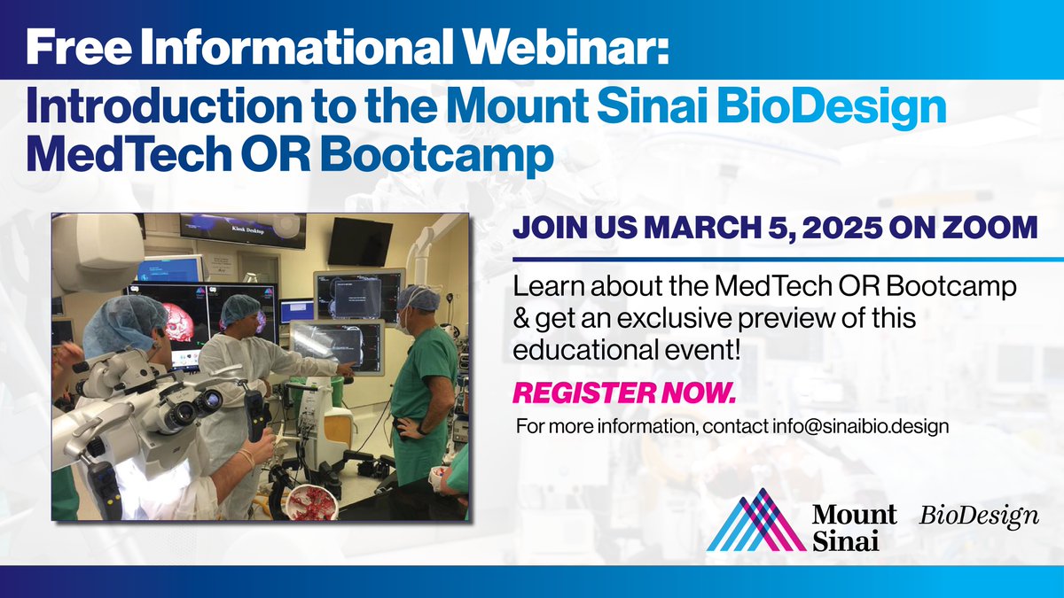 Mount Sinai Neurosurgery (@mountsinaineuro) on Twitter photo 🚨 Medical Technology Representatives: Ready to level up your impact in the operating room? Join <a href="/SinaiBioDesign/">Sinai BioDesign</a> for a FREE webinar on March 5th at 4PM! Get an exclusive preview of the #MedTech OR Bootcamp to enhance your clinical skills. 👉 Register: bit.ly/415jrMw 🚨 Medical Technology Representatives: Ready to level up your impact in the operating room? Join <a href="/SinaiBioDesign/">Sinai BioDesign</a> for a FREE webinar on March 5th at 4PM! Get an exclusive preview of the #MedTech OR Bootcamp to enhance your clinical skills. 👉 Register: bit.ly/415jrMw