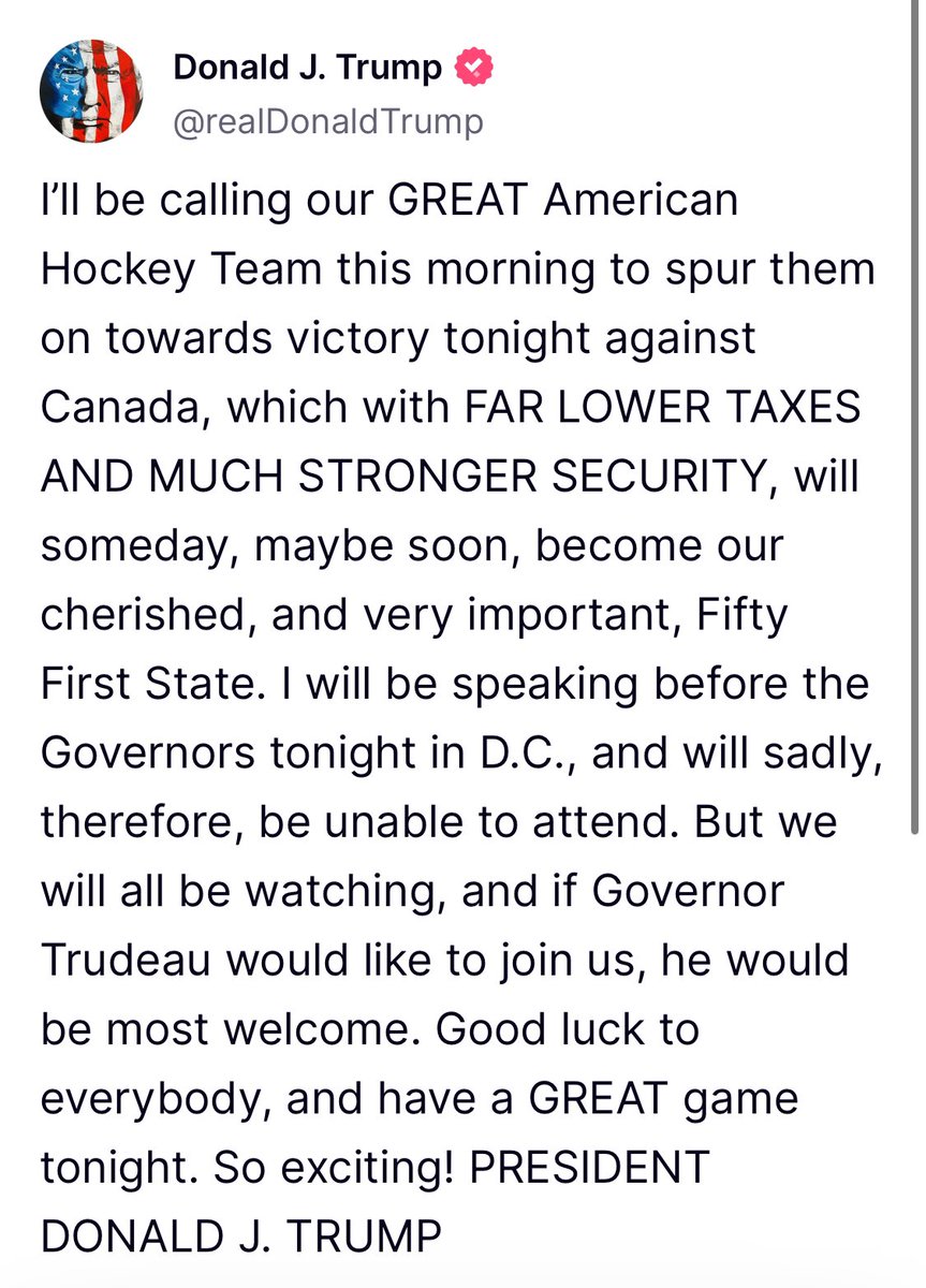 Trump on Canada: “will someday, maybe soon, become our cherished, and very important, Fifty First State.”

The so-called president of the United States is a F pathetic buffoon—shame on everyone who continues to enable this lunatic.