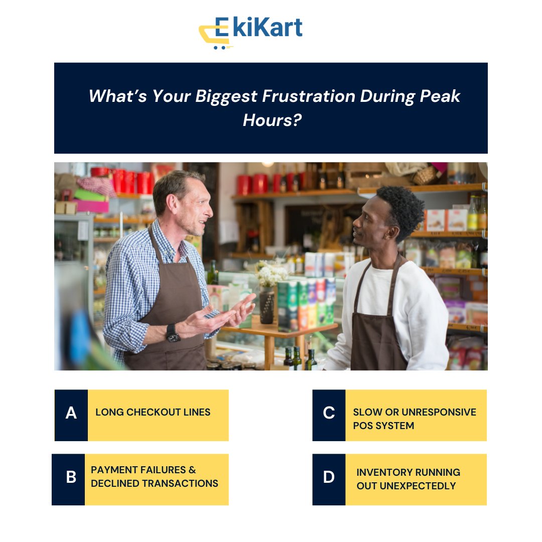 ❓ What’s Your Biggest Frustration During Peak Hours?

Running a business during rush hours can be overwhelming—long lines, slow transactions, and impatient customers. 😩 But what’s the biggest headache for you?

💬 Vote below! 👇