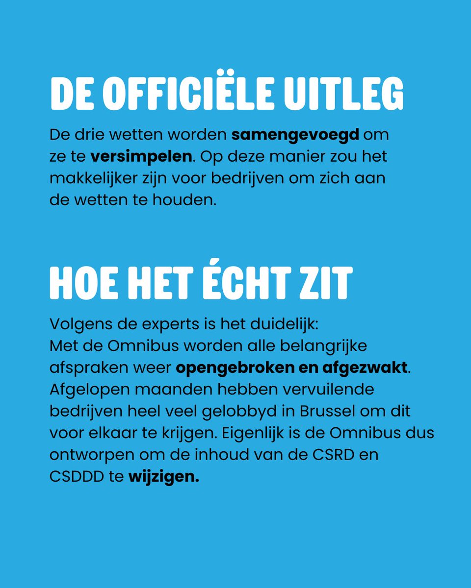 milieudefensie's tweet image. 🚨 Te vroeg gejuicht? Klimaat, milieu- en mensenrechten in gevaar! 

De Omnibus dreigt EU-regels voor verantwoord ondernemen af te zwakken. Deze week vergadert de #EuropeseCommissie. @WBHoekstra, spreek je uit en verdedig deze belangrijke regels! ✊

#NoToOmnibus #YesToCSDDD
