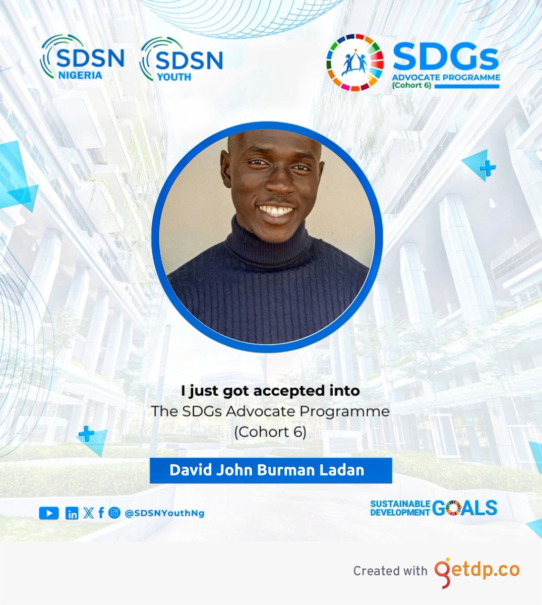 DavidLadan5's tweet photo. It's pleasure to be among the selected few for the @SDSNYouthNG SDGs Advocate program cohort 6.
Another opportunity to acquire in depth knowledge and the Sustainable Development Goals 2030 necessary to bring about sustainable community and global development. https://t.co/kSCZwcGaoy
