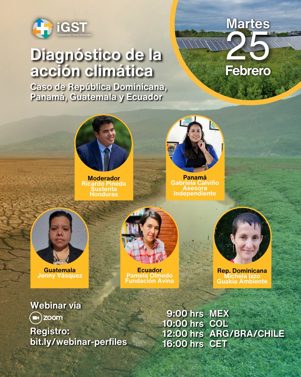 💻 ¡Estamos a pocos días de nuestro webinar! El martes 25 de febrero tendremos una sesión de diálogo sobre el contexto de la acción climática en República Dominicana 🇩🇴, Panamá 🇵🇦, Guatemala 🇬🇹 y Ecuador 🇪🇨

👉No olvides registrarte: bit.ly/webinar-perfil…
