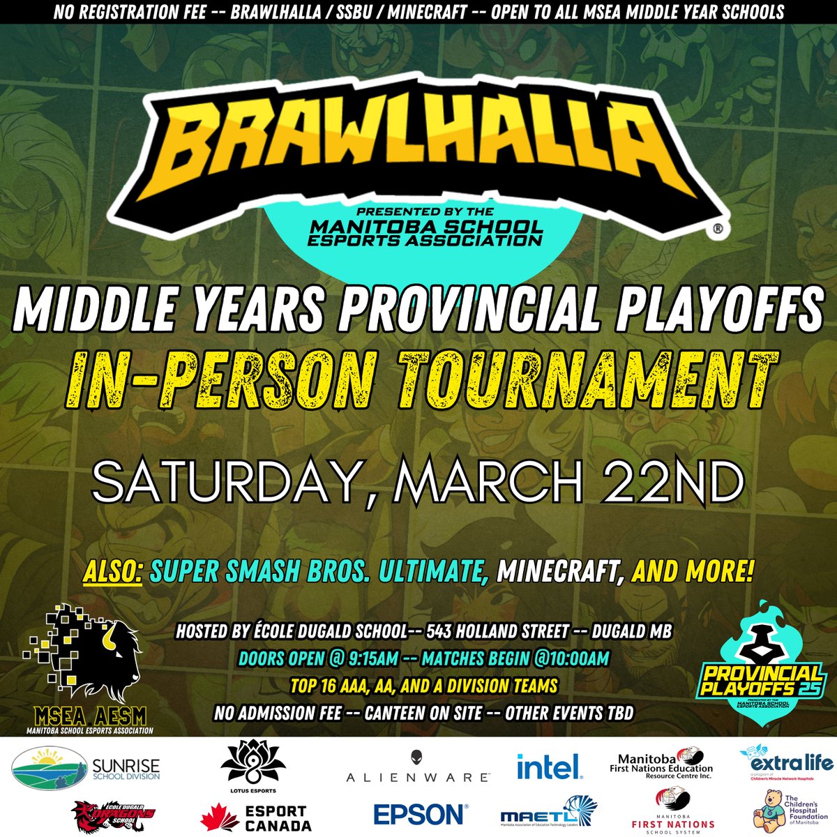 Nathan Koblun (@mrkobesmb) on Twitter photo So excited to announce our <a href="/MSEA_gg/">Manitoba School Esports Association</a> <a href="/Brawlhalla/">Brawlhalla</a> Provincial Playoffs.
Huge thanks to:
#AlienwareEDUDemo & #IntelGaming for uniting with us to power our event
<a href="/EpsonCanada/">EpsonCanada</a> for state-of-the-art projection and printing
<a href="/Lotus8Esports/">Lotus 8 Esports</a> & <a href="/ExtraLife4Kids/">Extra Life</a> for investing in our kids So excited to announce our <a href="/MSEA_gg/">Manitoba School Esports Association</a> <a href="/Brawlhalla/">Brawlhalla</a> Provincial Playoffs.
Huge thanks to:
#AlienwareEDUDemo & #IntelGaming for uniting with us to power our event
<a href="/EpsonCanada/">EpsonCanada</a> for state-of-the-art projection and printing
<a href="/Lotus8Esports/">Lotus 8 Esports</a> & <a href="/ExtraLife4Kids/">Extra Life</a> for investing in our kids