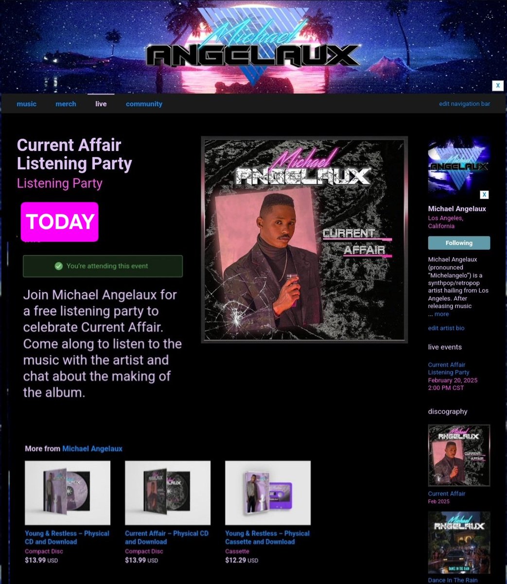 Emotiv Media Group - RetroSynth (@emotivmediagrp) on Twitter photo Quick reminder - A CURRENT AFFAIR listening party today for <a href="/michaelangelaux/">Michael • A N G E L A U X</a>!
michaelangelaux.bandcamp.com/merch/current-…
12pm P / 2pm C / 3pm E US-Can
8pm UK / 9pm CET Quick reminder - A CURRENT AFFAIR listening party today for <a href="/michaelangelaux/">Michael • A N G E L A U X</a>!
michaelangelaux.bandcamp.com/merch/current-…
12pm P / 2pm C / 3pm E US-Can
8pm UK / 9pm CET
