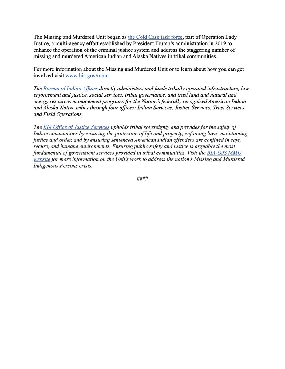 indianz.com (@indianz) on Twitter photo The Bureau of Indian Affairs sent out its first press release of the Donald Trump administration, announcing "Operation Spirit Return" to help solve missing and unidentified person cases in Indian Country. <a href="/USIndianAffairs/">Indian Affairs</a> <a href="/BureauIndAffrs/">Bureau of Indian Affairs</a> #MMIW #MMIP The Bureau of Indian Affairs sent out its first press release of the Donald Trump administration, announcing "Operation Spirit Return" to help solve missing and unidentified person cases in Indian Country. <a href="/USIndianAffairs/">Indian Affairs</a> <a href="/BureauIndAffrs/">Bureau of Indian Affairs</a> #MMIW #MMIP
