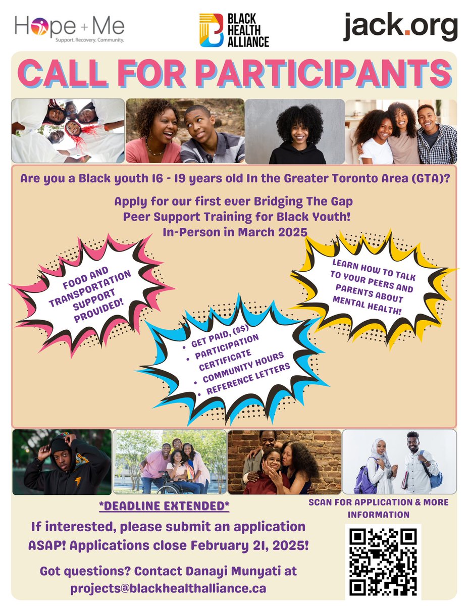 Applications close tomorrow, February 21st! Black youth 16 to 19 years old in the GTA, come join us!

In partnership with <a href="/jackdotorg/">Jack.org</a>  and <a href="/hopeandmemdao/">Hope + Me</a>  have developed the Bridging the Gap peer support training program!

Apply here: tinyurl.com/yc82db7v