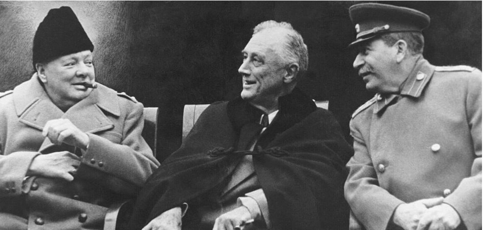 GamesEleos's tweet photo. "1945, Yalta: Churchill, Roosevelt, Stalin divided the world over meals, laughing atop war’s innocents. 2025, Trump pressures Ukraine for its minerals, risking its resources for ‘aid.’ Leaders profit while others suffer. #UkraineWar #TrumpUkraine #USPolitics #Geopolitics" https://t.co/GjvjqJJL9t