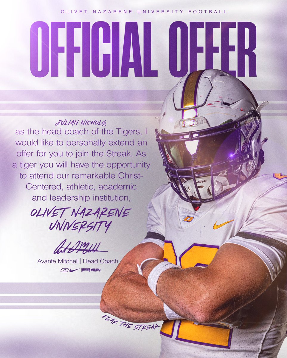 Blessed to receive an offer from Olivet Nazarene University!
<a href="/CoachTreC/">Tre Collins</a>
@t_wilson11
@Showtime_Coachp
@coachjoshal10
<a href="/PatrickSharpeFB/">Patrick Sharpe</a>