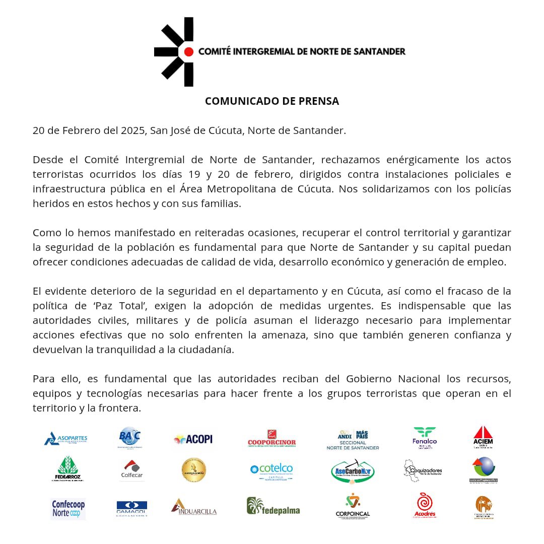 El Comité Intergremial de Norte de Santander rechaza los actos terroristas de las últimas horas. Las autoridades civiles, militares y de policía deben asumir el liderazgo para implementar acciones que enfrenten la amenaza y generen confianza y tranquilidad a la ciudadanía.