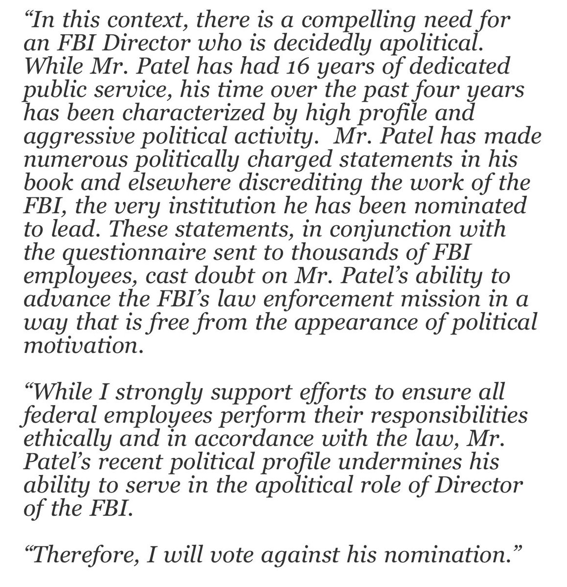 maxpcohen's tweet image. Susan Collins is a NO on Kash Patel. 

“Mr. Patel’s recent political profile undermines his ability to serve in the apolitical role of Director of the FBI.
 
“Therefore, I will vote against his nomination.”