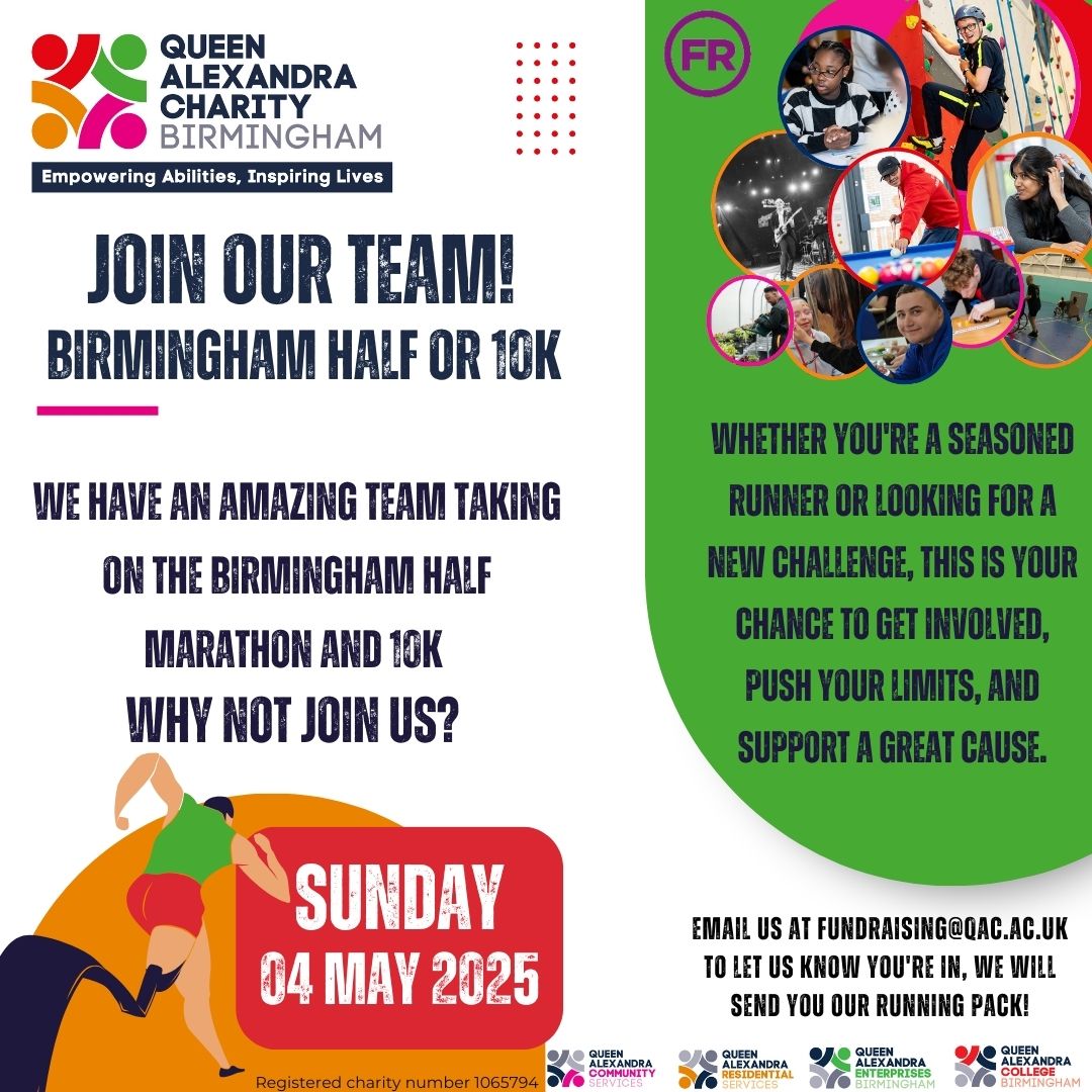 Queen Alexandra Charity (@qac_official) on Twitter photo Join our team and get involved! We have a group of volunteers taking part in the Birmingham Half Marathon or 10K!
If you're interested in joining us, please get in touch at fundraising@qac.ac.uk.
We would love to have more people running for our cause! Join our team and get involved! We have a group of volunteers taking part in the Birmingham Half Marathon or 10K!
If you're interested in joining us, please get in touch at fundraising@qac.ac.uk.
We would love to have more people running for our cause!