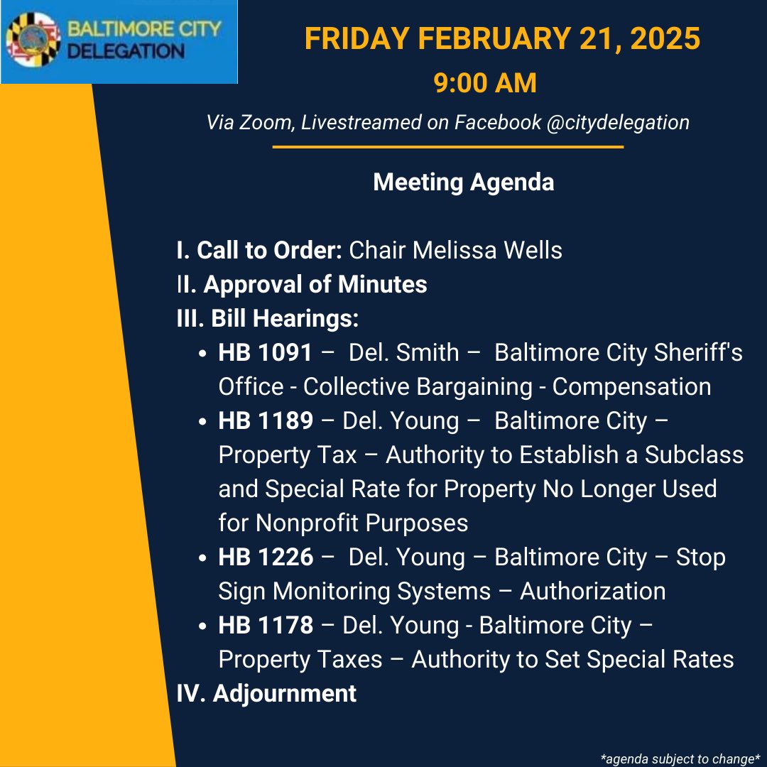 Baltimore City Delegation (@citydelegation) on Twitter photo Join us for the Baltimore City Delegation meeting this Friday, February 21st, 2025, starting at 9:00 AM via Zoom and livestreamed on Facebook <a href="/citydelegation/">Baltimore City Delegation</a>.
Link for testimony sign ups: forms.gle/jXGfo8g2YhNw4T… Join us for the Baltimore City Delegation meeting this Friday, February 21st, 2025, starting at 9:00 AM via Zoom and livestreamed on Facebook <a href="/citydelegation/">Baltimore City Delegation</a>.
Link for testimony sign ups: forms.gle/jXGfo8g2YhNw4T…