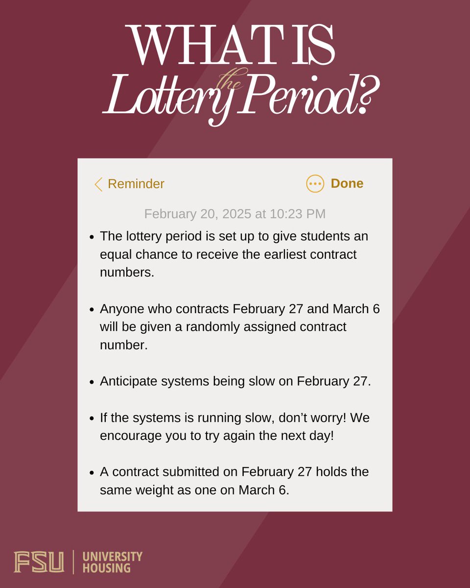 Get your chance in the lottery, stress-free! 🎟️ Remember, all contracts submitted during the lottery week get equal chances at the earliest contract number!

#Fsu #Fsuhousing #dorms #fsudorms #oncampusliving