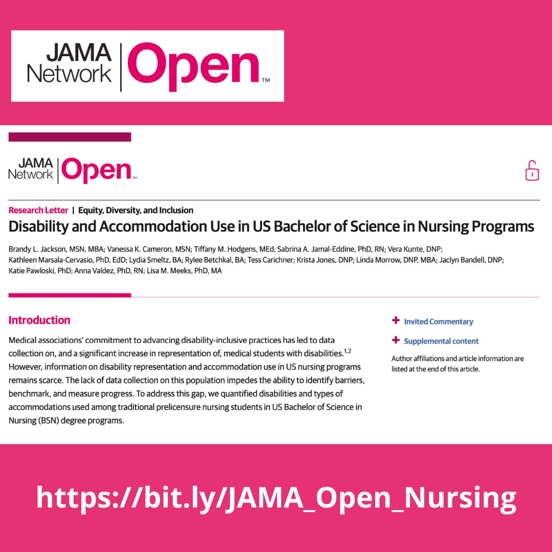 The DocsWithDisabilities Initiative (@docswith) on Twitter photo Disability inclusion in nursing starts with data! 📊
Our benchmark study in <a href="/JAMANetworkOpen/">JAMA Network Open</a> quantifies disability representation & accommodations in US BSN programs—revealing insights that may surprise you.
👉: bit.ly/JAMA_Open_Nurs…
#NursingEd #NursingEducation Disability inclusion in nursing starts with data! 📊
Our benchmark study in <a href="/JAMANetworkOpen/">JAMA Network Open</a> quantifies disability representation & accommodations in US BSN programs—revealing insights that may surprise you.
👉: bit.ly/JAMA_Open_Nurs…
#NursingEd #NursingEducation